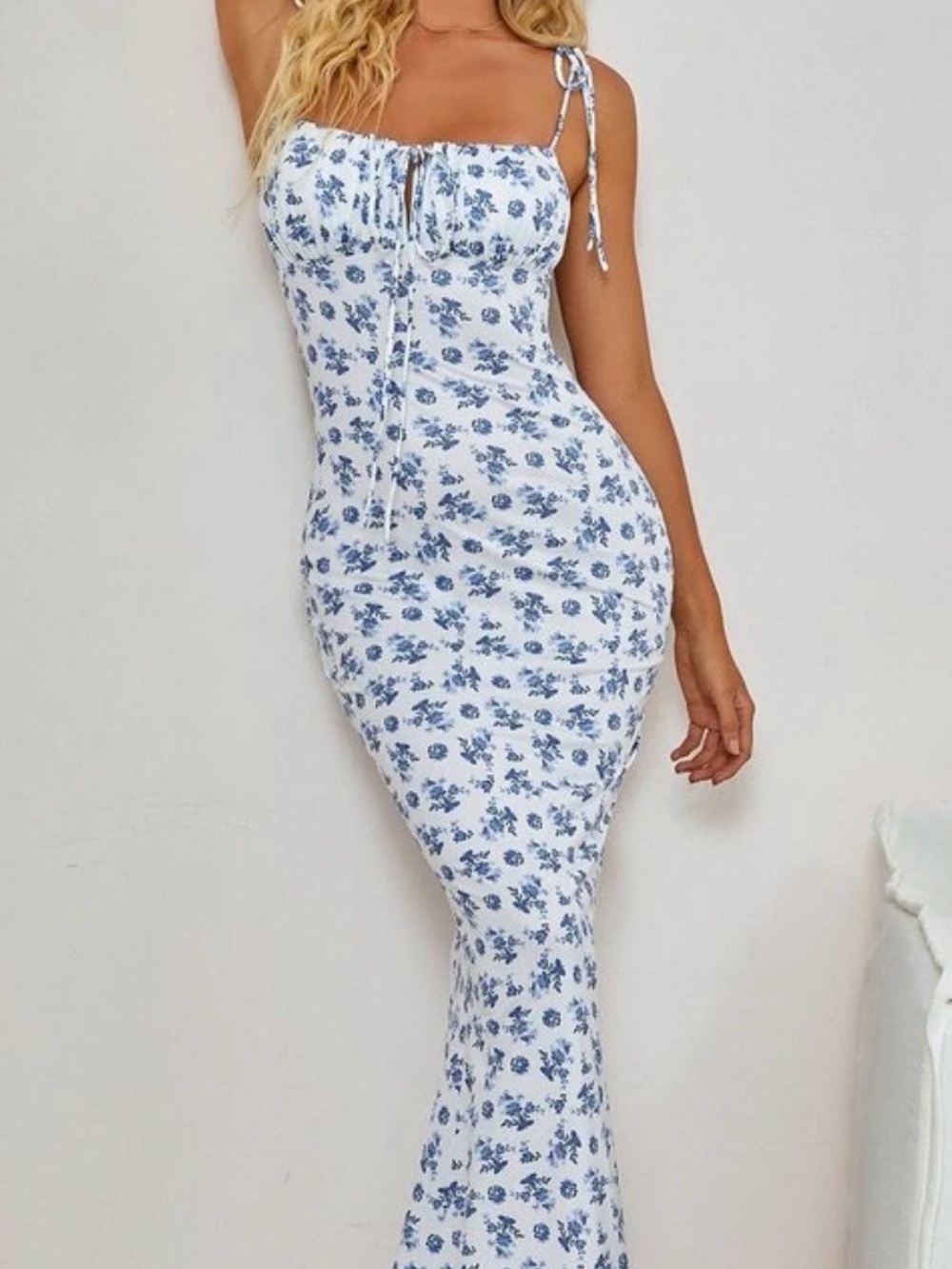 SHEIN White Dress with Blue Floral Tie-Strap Bodycon Maxi